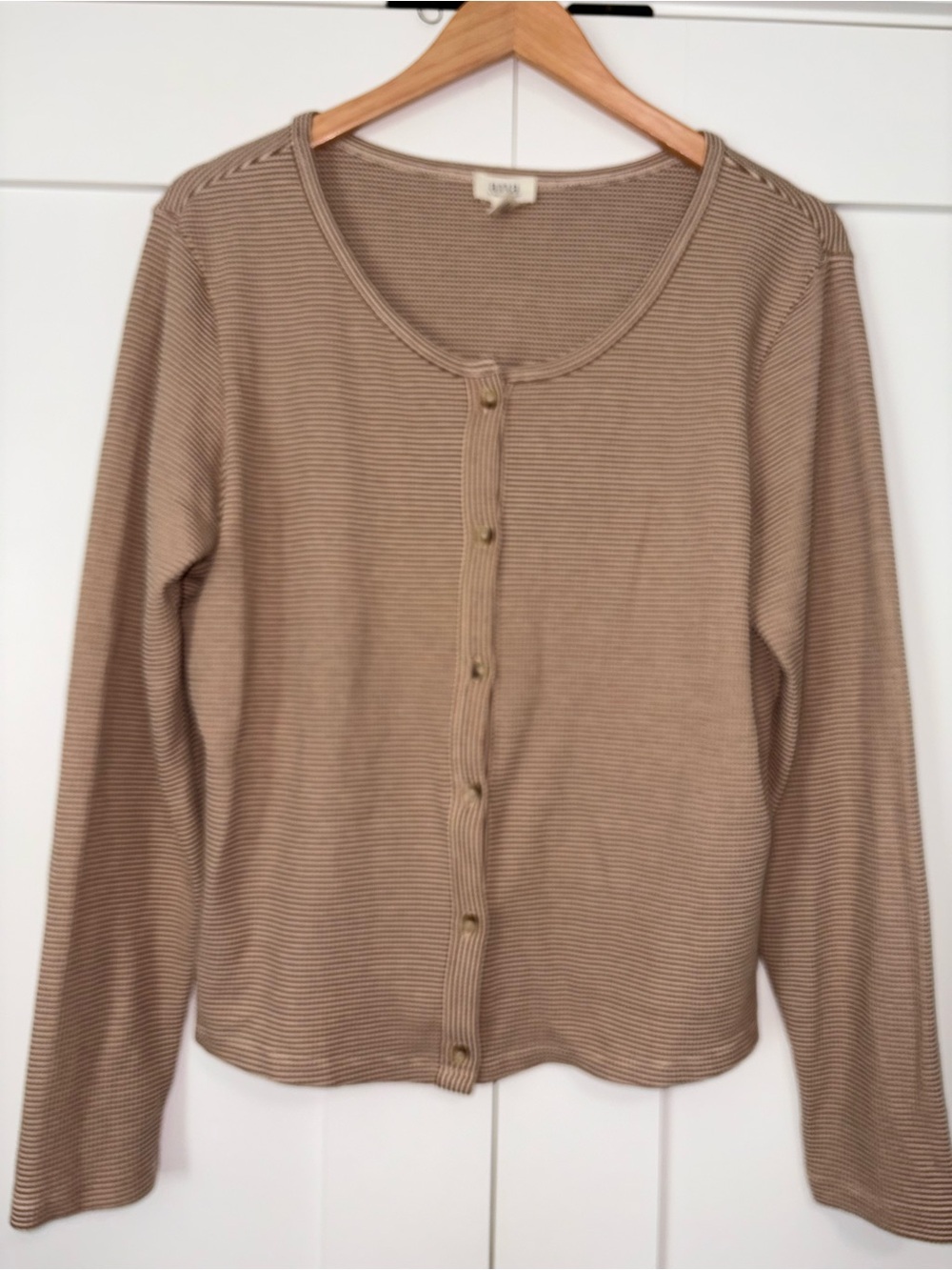a.n.a Taupe Ribbed Button-Front Long Sleeve Women's Top